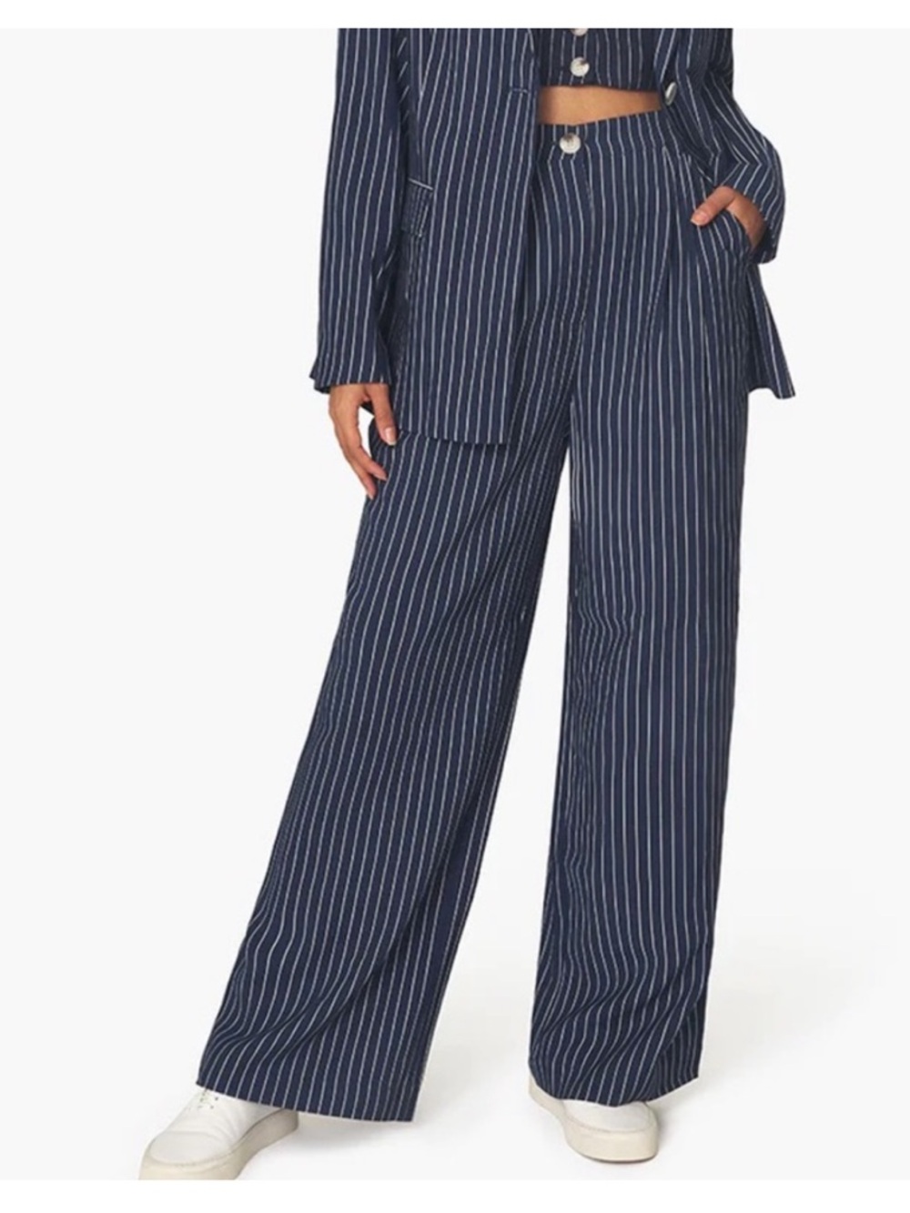 NWT Danielle Bernstein WeWoreWhat High Rise Pleated Wide Leg Pinstripe Trousers